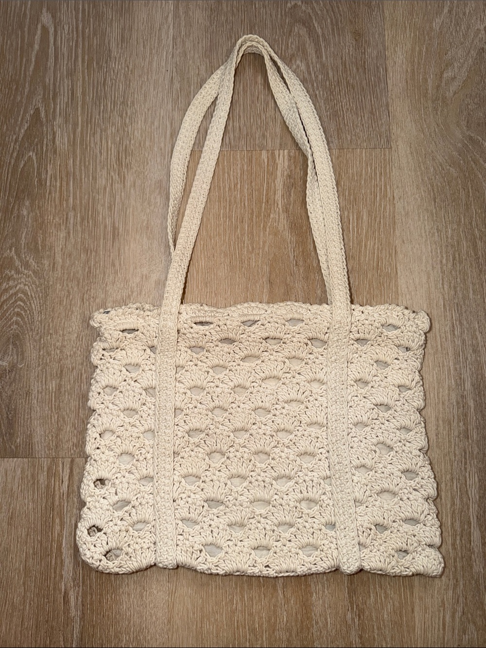 Cream Crochet Tote Bag - Classic Handwoven Shoulder Bag